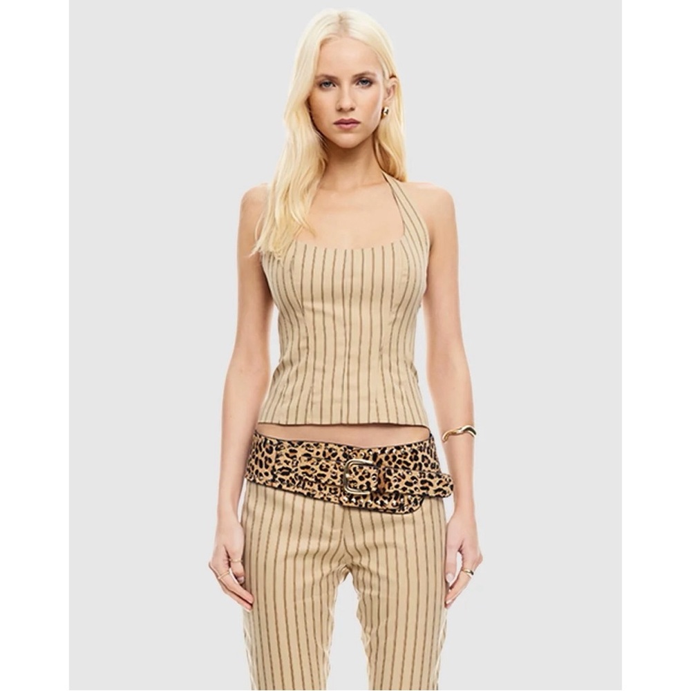 NWT Lioness Les Deux Halter Top in Stone Stripe Taupe Tan Minimalistic Simple